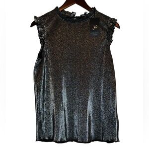 Adrianna Papell Shimmery Silver Mock Neck Ruffle Sleeve Tank NWT